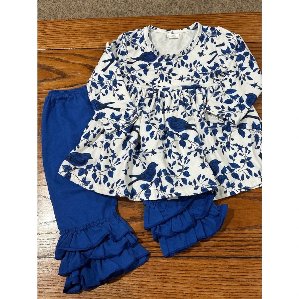 Boutique Toddler Girls Blue White Bird Print Tunic Top and Ruffle Pants Set 2T